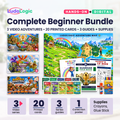 Complete Beginner Bundle with three LudoLogic video series, printed collectible cards and guides with digital copies, a collection map/poster, washable glue, and crayons for kids ages 4–6.