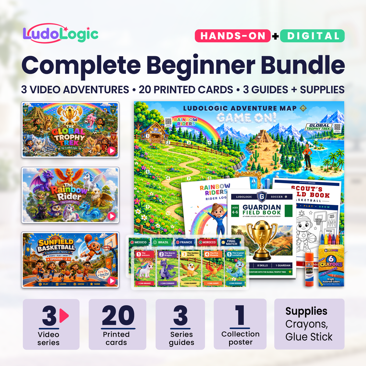 Complete Beginner Bundle with three LudoLogic video series, printed collectible cards and guides with digital copies, a collection map/poster, washable glue, and crayons for kids ages 4–6.