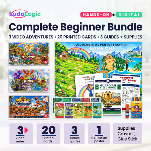 Complete Beginner Bundle with three LudoLogic video series, printed collectible cards and guides with digital copies, a collection map/poster, washable glue, and crayons for kids ages 4–6.