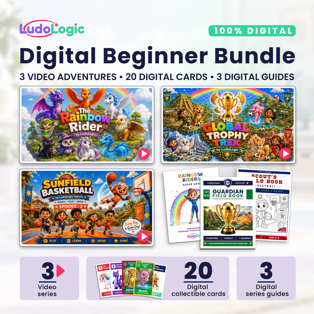 Digital Beginner Bundle with three LudoLogic video series, digital collectible cards, and digital series guides for kids ages 4–6.