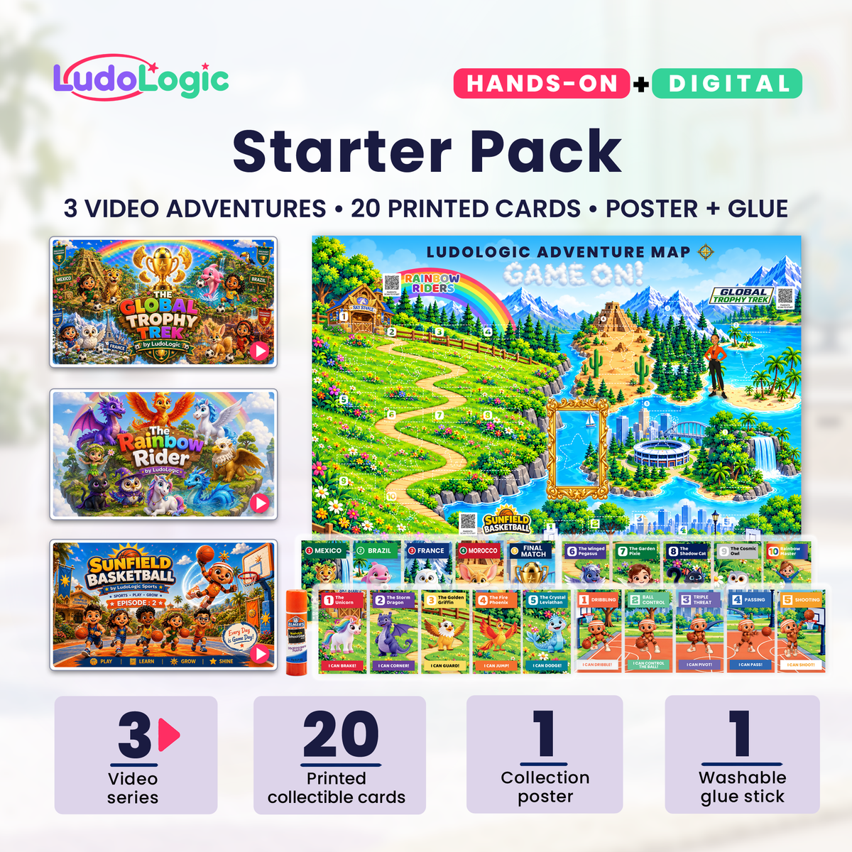 Starter Pack with three LudoLogic video series, printed collectible cards with digital copies, digital series guides, a collection map/poster, and washable glue for kids ages 4–6.